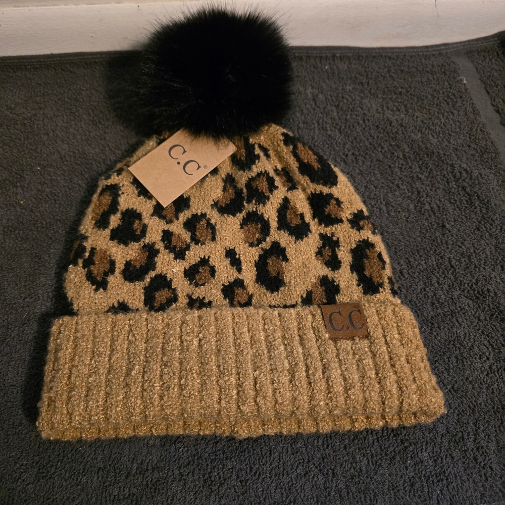 NWT C.C Beanie Pom-Pom Hat Women OS Tan Black Leopard Print Faux Fur 6274203 NEW
